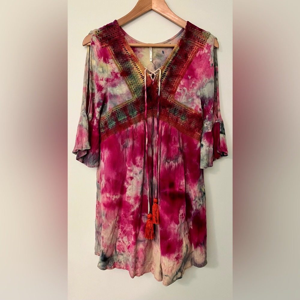 Harlow tie dye multicolour boho mini dress tunic with lace panels & embroidery